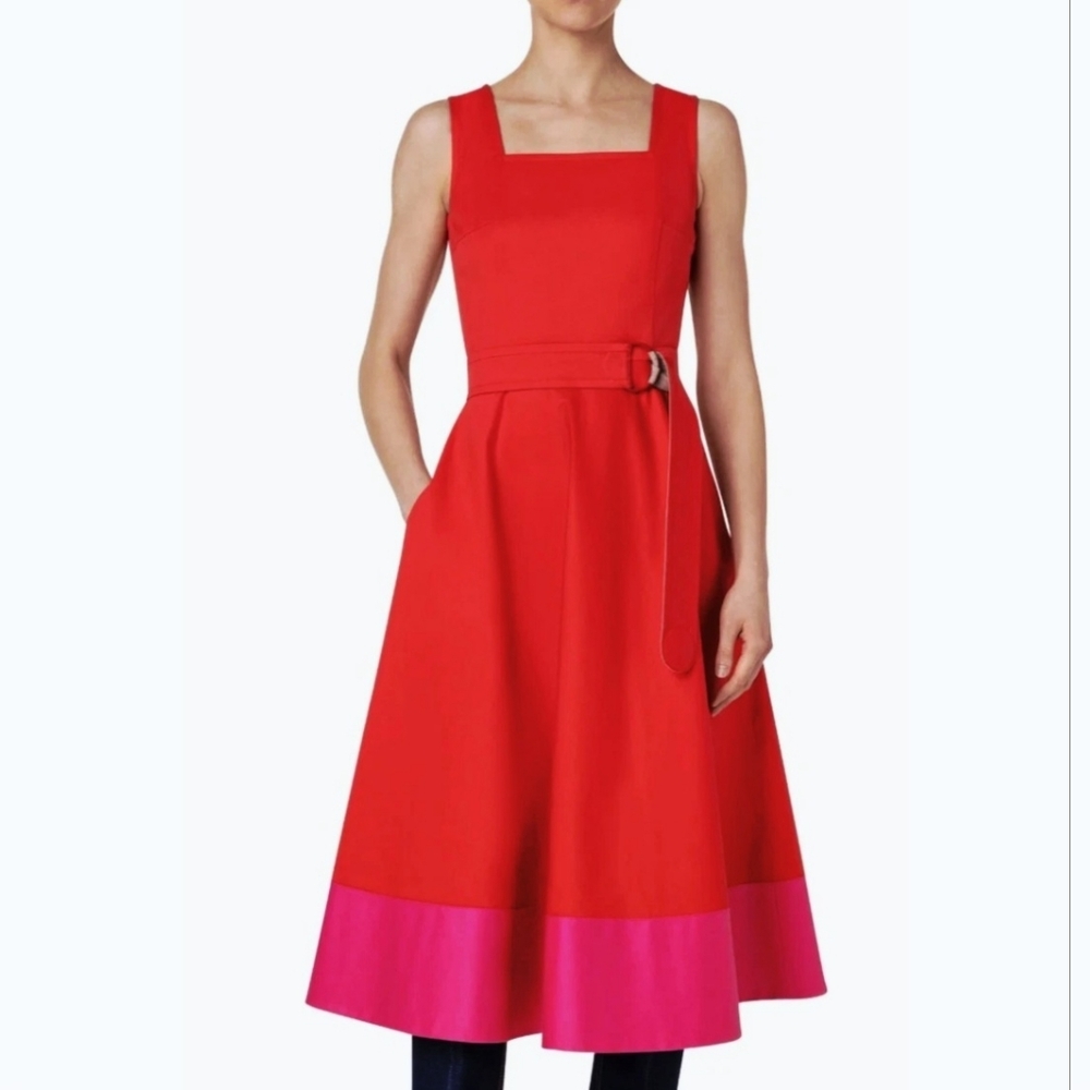Akris Punto Color Border Belted Cotton Poplin Midi Dress Red Size 2 New W Repair